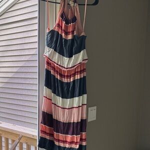 LOFT Strapless Dress with Coral and Navy Stripes